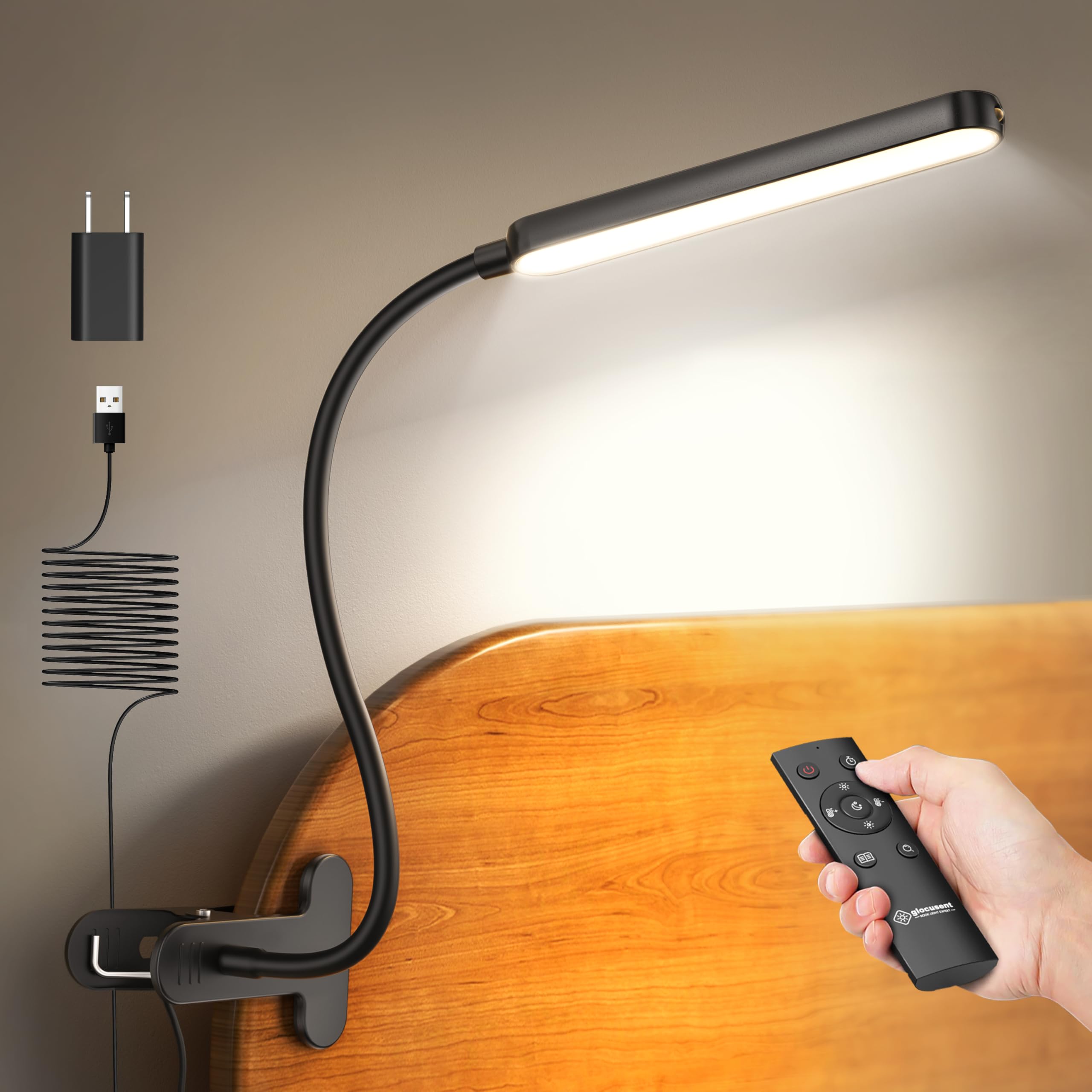 Photo 1 of Glocusent 38 LED Clip On Light: 5W Eye Caring Book Lights for Reading at Night - 5 Color & 5 Brightness with a Remote, 30-Min Auto Off Timer, Multi-Purpose Clip Lamp for Bed Reading/Studying/Working