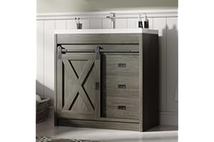 4ever2buy Farmhouse Bathroom Vanity with Sink, Bathroom Vanity Cabinet with Metal Handles & Sliding Barn Door, Small Bath Storage Vanity Sink Set with 2 Drawers, Wash Grey