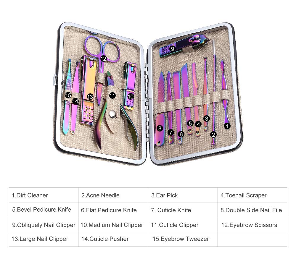 15 Pcs Nail Clippers, Rainbow Color Toenail Clippers Manicure Set Pedicure Tools Nail Clippers for Women Stainless Steel Nail Clippers Nail Clipper Set Provide Hands Foot and Face Care for Men Women : Beauty