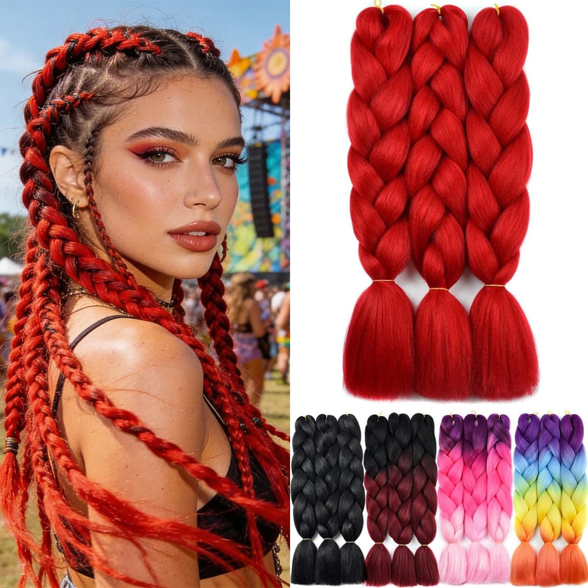 Yamel Braiding Hair Extension,Kanekalon Braiding Hair for Braiding Crochet Twist Box Braids Hair 24Inch 3pcs Red Jumbo Braiding Hair — image 1