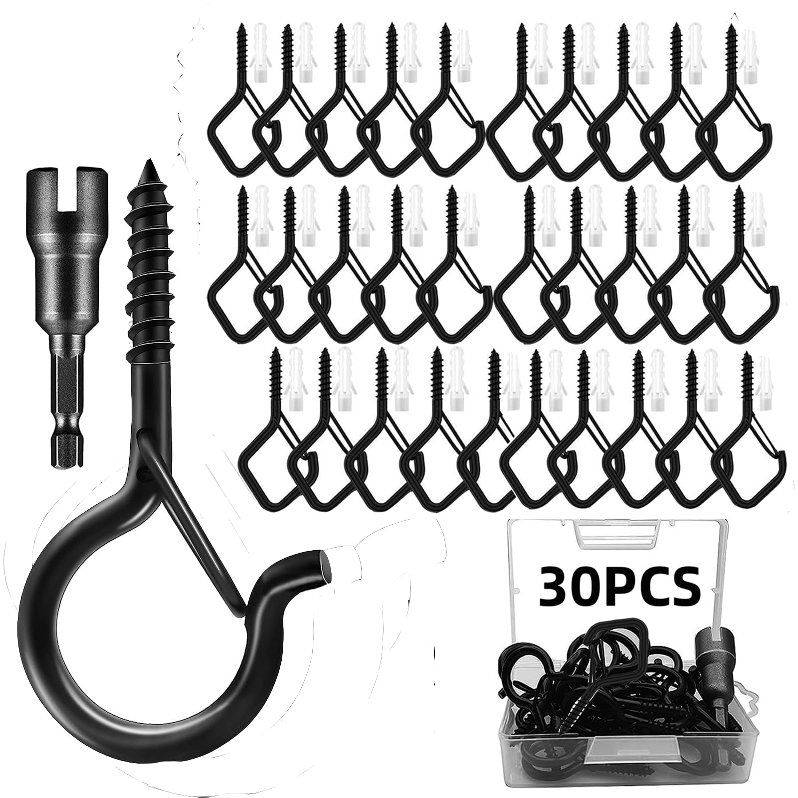OAIGE.W 30 Pack Screw Hooks for Outdoor String Lights, Q-Hanger Screw in Hooks, Outdoor Light Wire Hooks Screw in Cup Hooks Ceiling Hooks with Safety Buckles for Plants Christmas Light