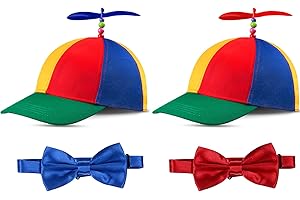 SINTEGE 2 Pieces Adult Propeller Hat Helicopter Hat Rainbow Baseball Cap Funny Clown Hat and 2 Pieces Blue and Red Pre-Tied Bow Tie Adjustable Length Satin Bow Tie