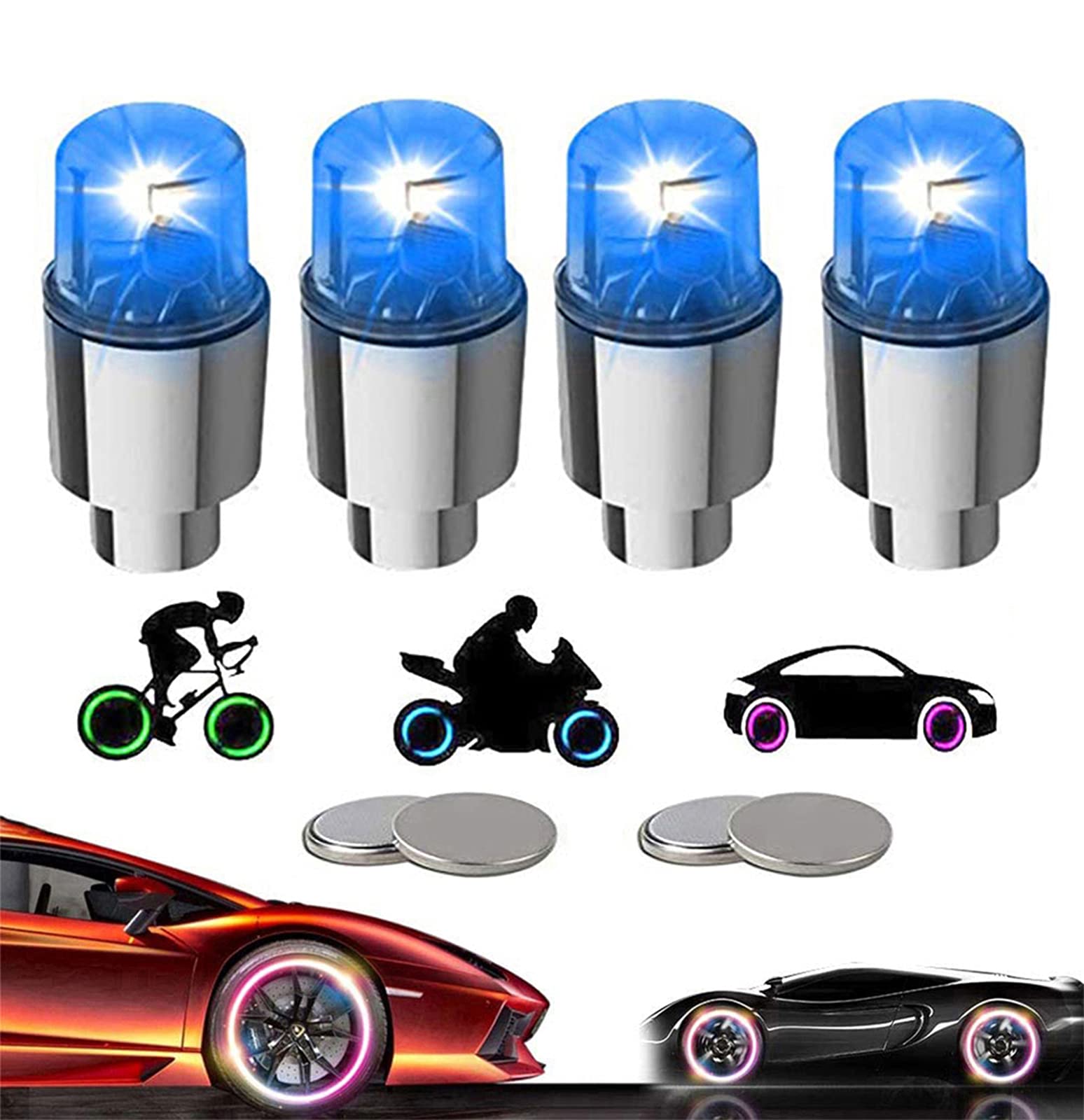 Photo 1 of YUERWOVER 4 Pack LED Valve Stem Caps Lights for Car Tires Wheel Assemblies Light up Air Neon Bicycle Motorcycle Tyre Bike Truck Golf Cart for Kids Men Women(4 Blue)