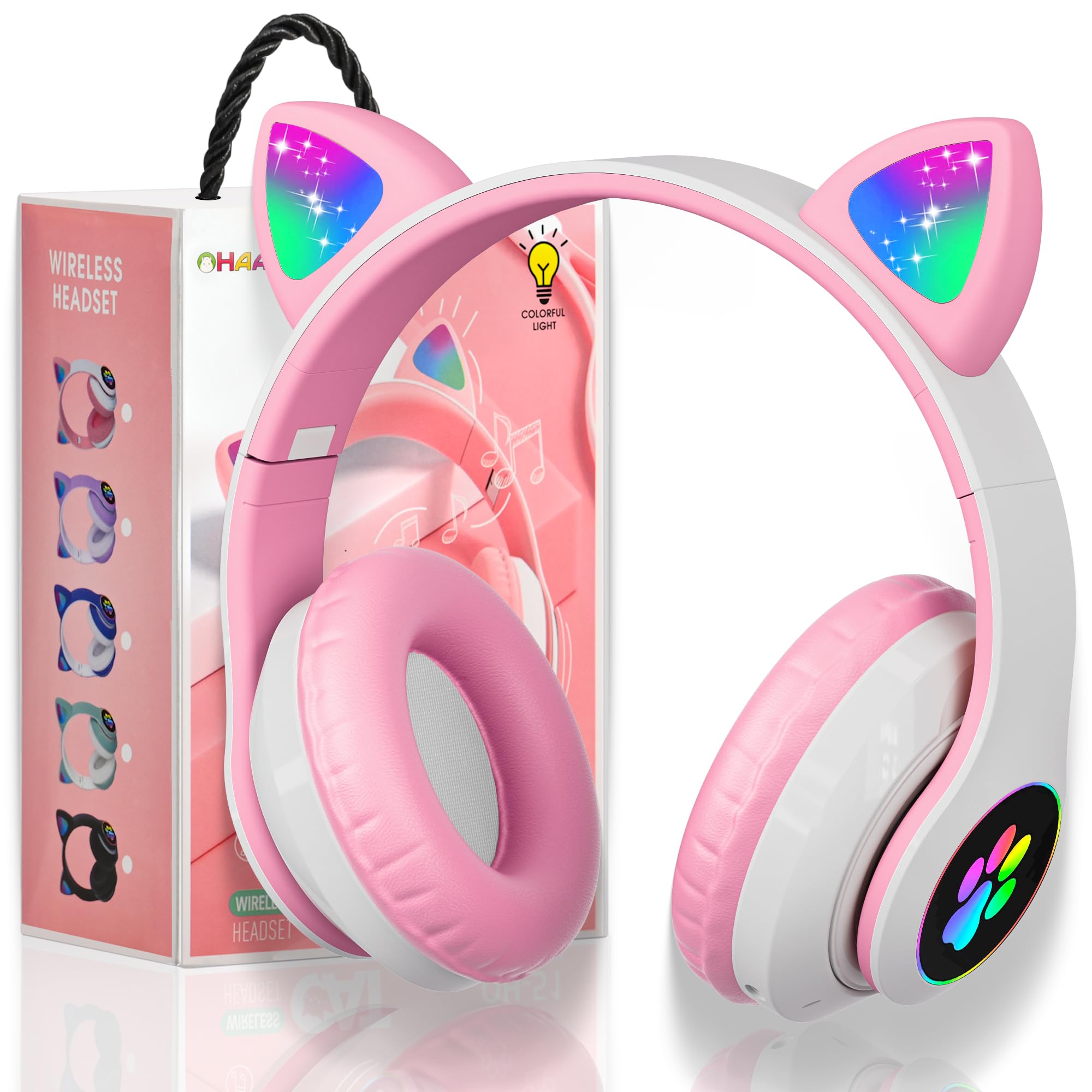 Photo 1 of KERHAND Bluetooth Headphones for Kids, Cute Ear Cat Ear LED Light Up Foldable Headphones Stereo Over Ear with Microphone/TF Card Wireless Headphone for iPhone/iPad/Smartphone/Laptop/PC/TV (Pink)