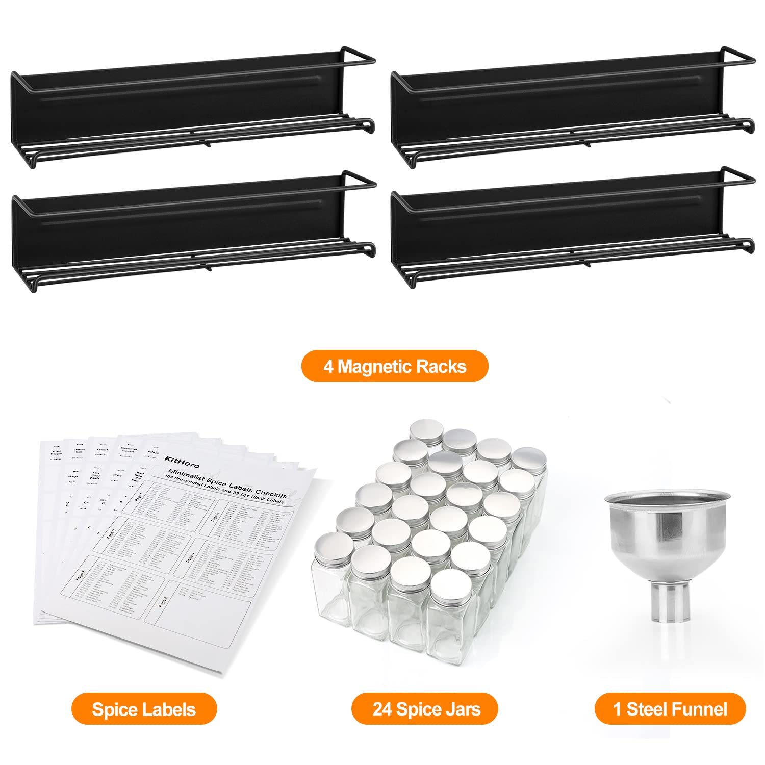 KitHero 4 Pack Magnetic Spice Rack for Refrigerator with 24 Spice Jars, 216 Spice Labels,1 Funnel-Full Set Spice Organizer, Space Saver Seasoning Organizer, Metal Kitchen Organization, Kitchen Gadgets