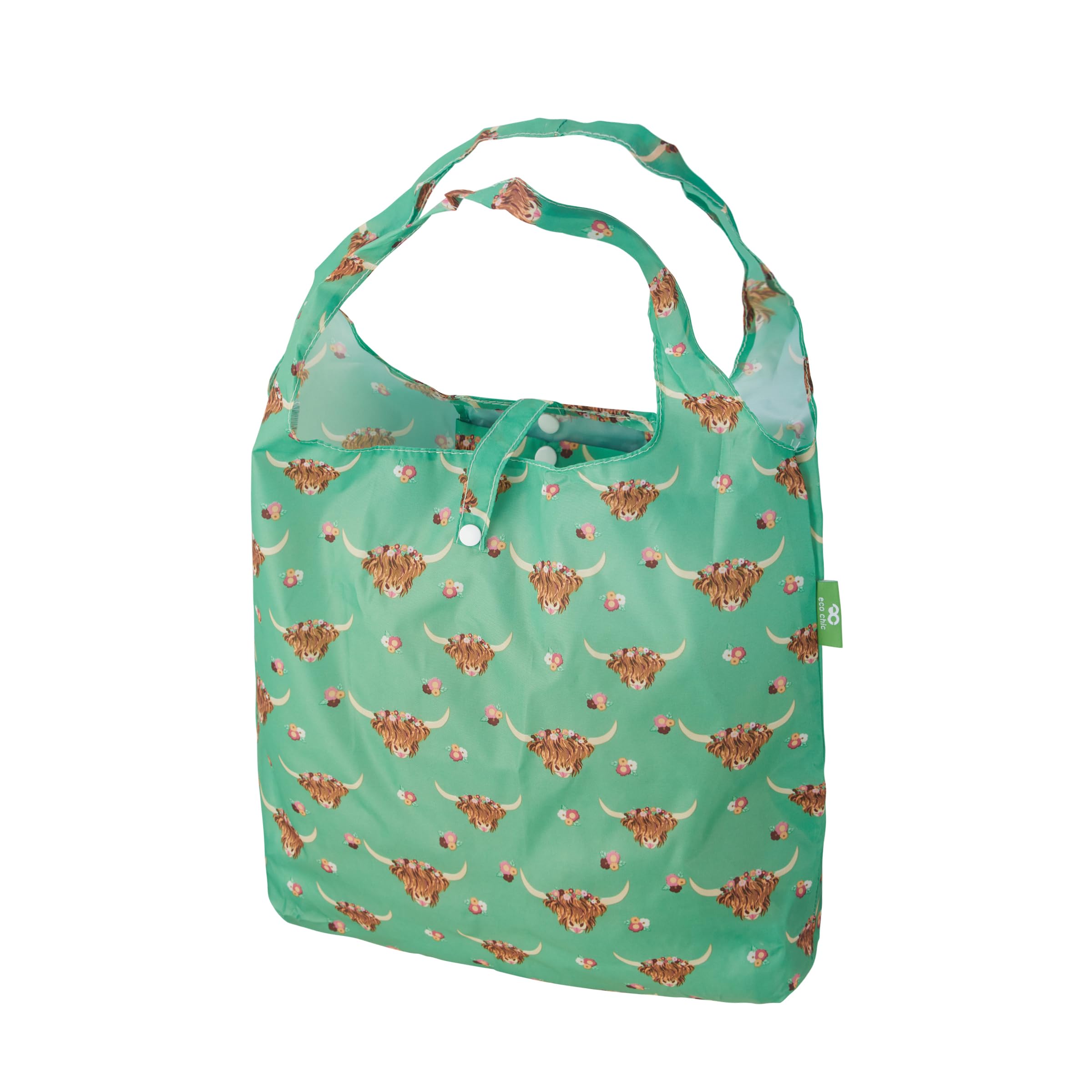 Eco Chic Lightweight Foldable Reusable Shopping Bag Water Resistant Tote Bag (Floral Highland Cow Green) — image 1