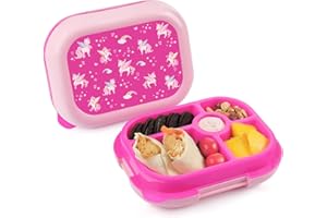 wooshwa Kids Lunch Box with 5 Compartments for School, Lunch Container for Girls, 25oz Toddler Bento Box with Removable Tray, Ideal for Ages 3-10, BPA-Free, Dishwasher Safe (Pink Unicorn)
