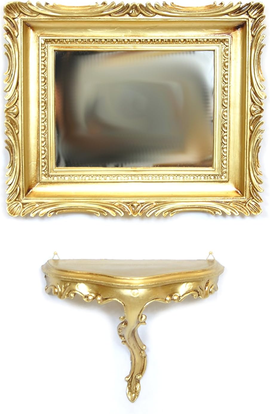 Ideacasa Shelf Console Shelf + Vintage Gold Baroque Style Faux Gold Mirror