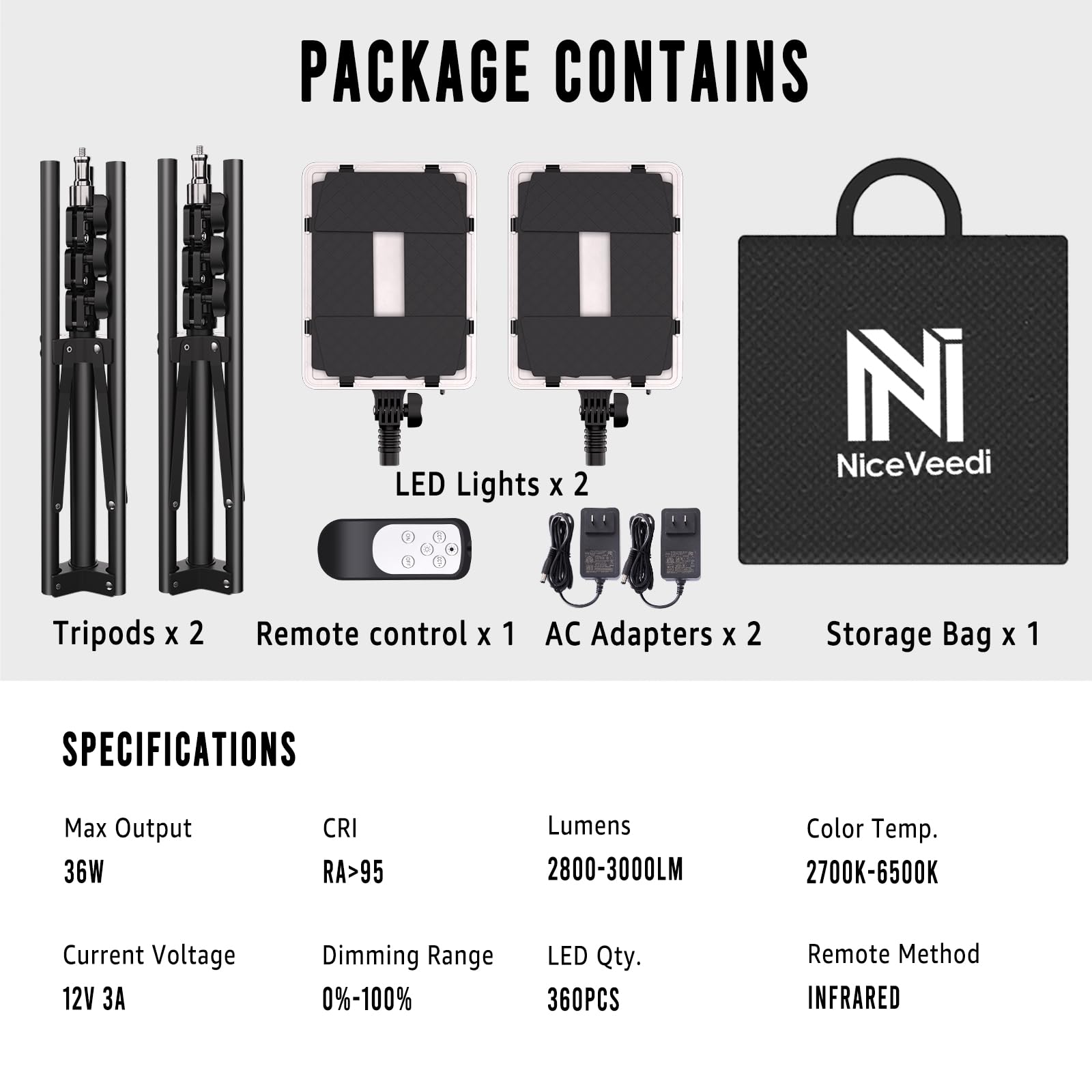 NiceVeedi 2-Pack Photography Lighting Kit, 36W Bi-Color Studio Lights 2700-6500K CRI 95+, Dimmable LED Video Light Kit with Remote Control & 72” Tripod Stand, Lighting for Video Recording/Photography