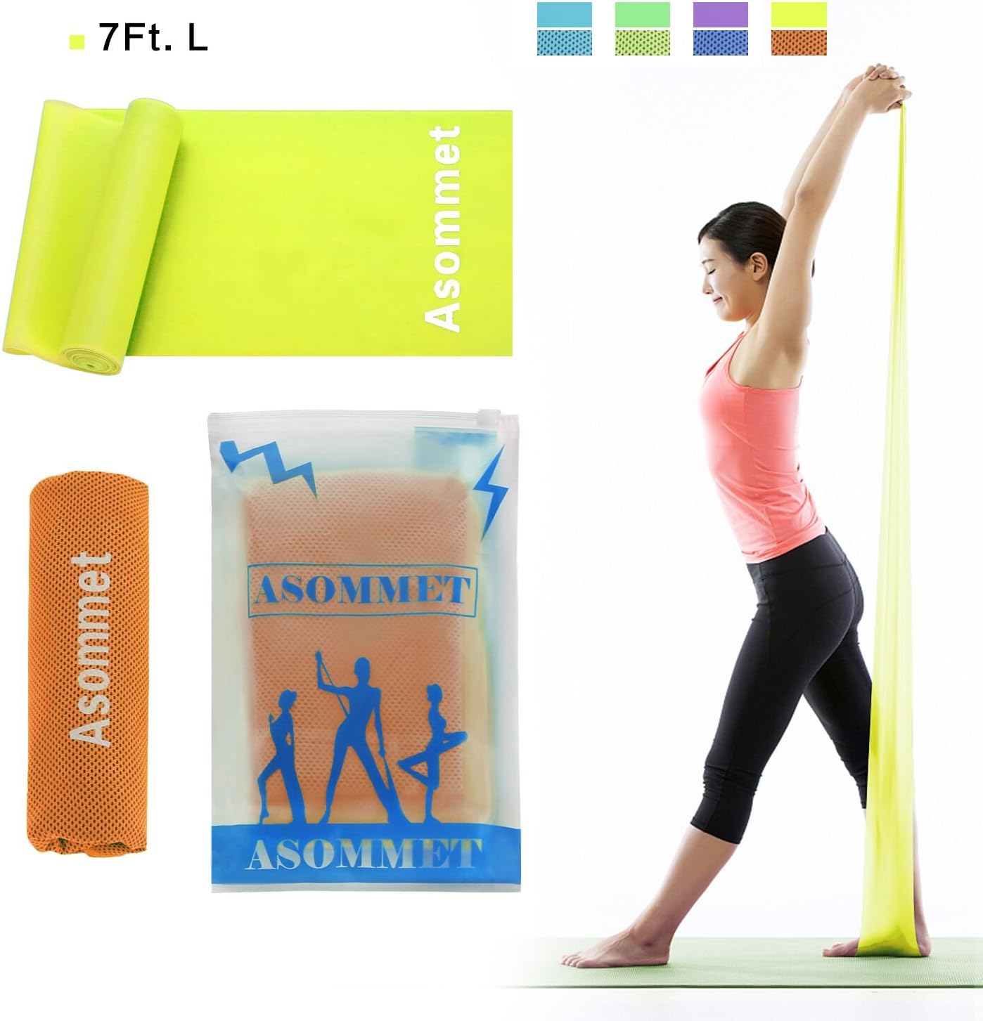 Asommet 7Ft. Exercise Resistance Bands with Sports Cooling Towel Extra Long Flat Exercise Bands Latex Free Workout Bands for Fitness Stretch Strength Training Physical Therapy Yoga Pilates
