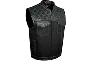 Dream Apparel Men’s SOA Denim & Leather Motorcycle Vest for Riding w/ 2 Concealed Carry Pockets, Biker Vest Black Club Vest