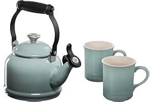 Le Creuset Enamel On Steel Demi Kettle with Metal Finishes & Stoneware Set of 2 Mugs, 1.25 qt. Kettle & (2) 14 oz. Mugs, Sea Salt