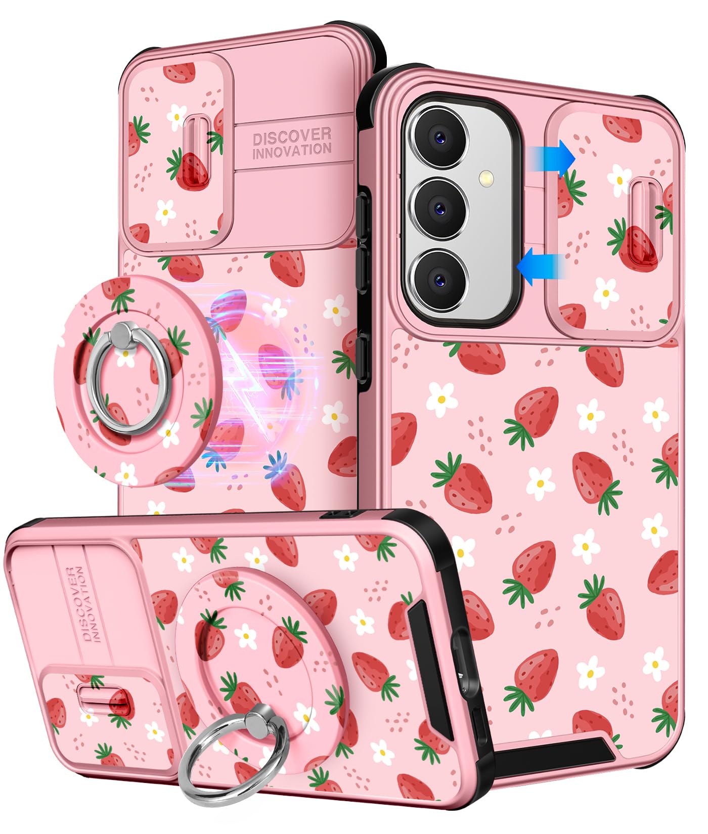 Photo 1 of Buleens for Samsung Galaxy S24 Plus/S25 Plus Case - with Ring Stand & Camera Cover Aesthetic Cute Designed Women Girls Girly Kawaii Strawberry for Samsung S24+/S25+ Phone Case Compatible with Magsafe