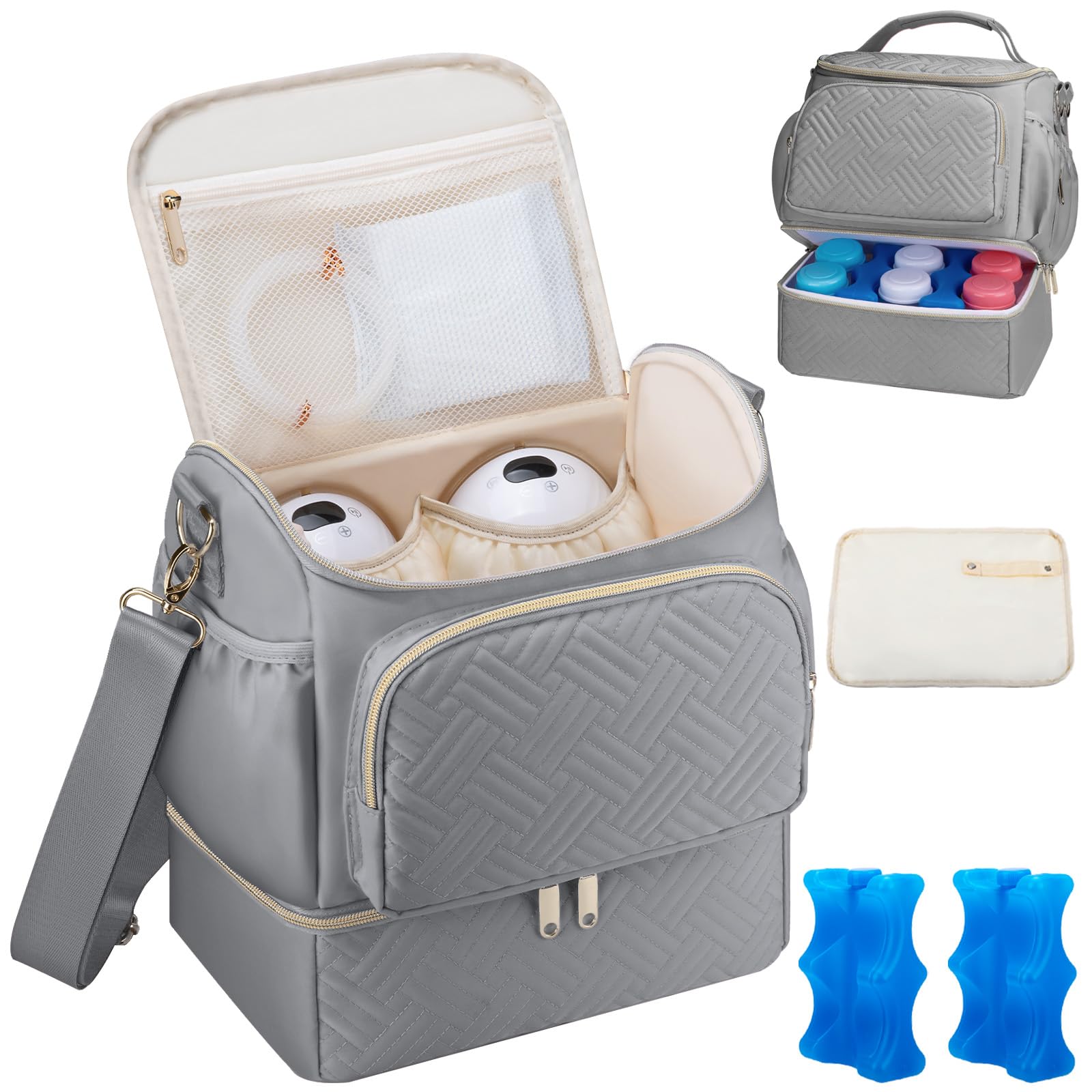 Photo 1 of Wearable Breast Pump Bag with Cooler Compartment Compatible with Willow/Elvie/Medela/Momcozy M5/S12 Pro, Breast Milk Cooler Travel Bag with Ice Pack & Mat, Pumping Bag for Work, Grey