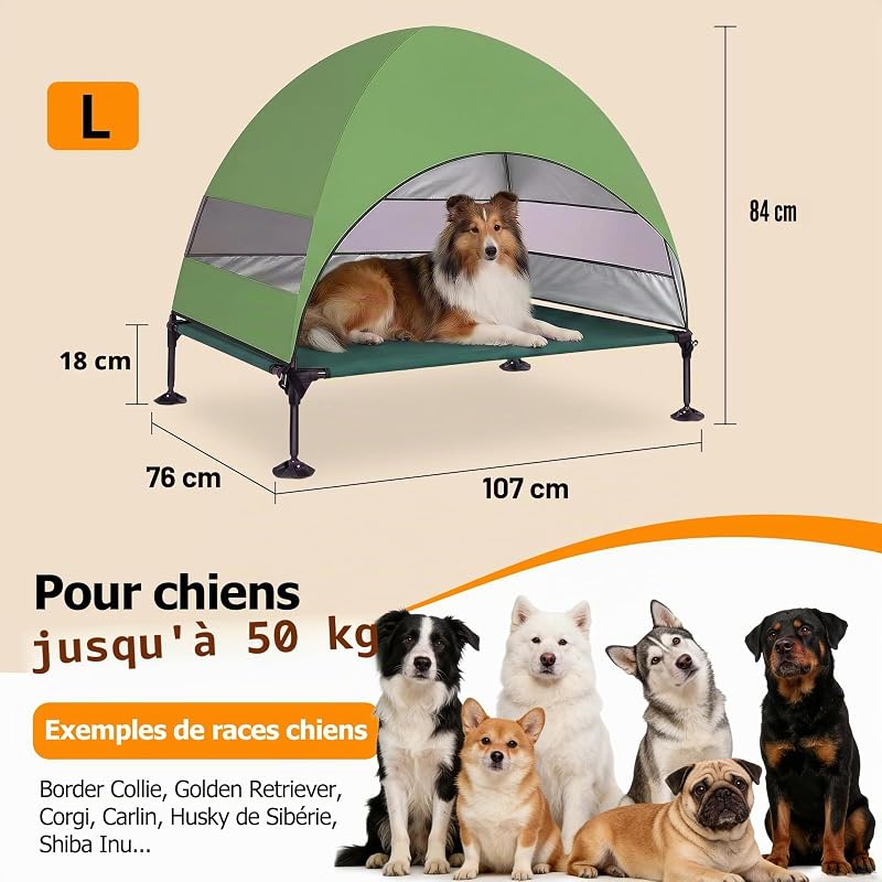Panier pour Chien Surélevé avec Toit, Pliable avec Pieds Antidérapants, Tente d'extérieur avec Grande Ombre, Lit Rafraîchissant pour Chien, pour Camping, Jardin, Plage et Piscine (Vert, L)