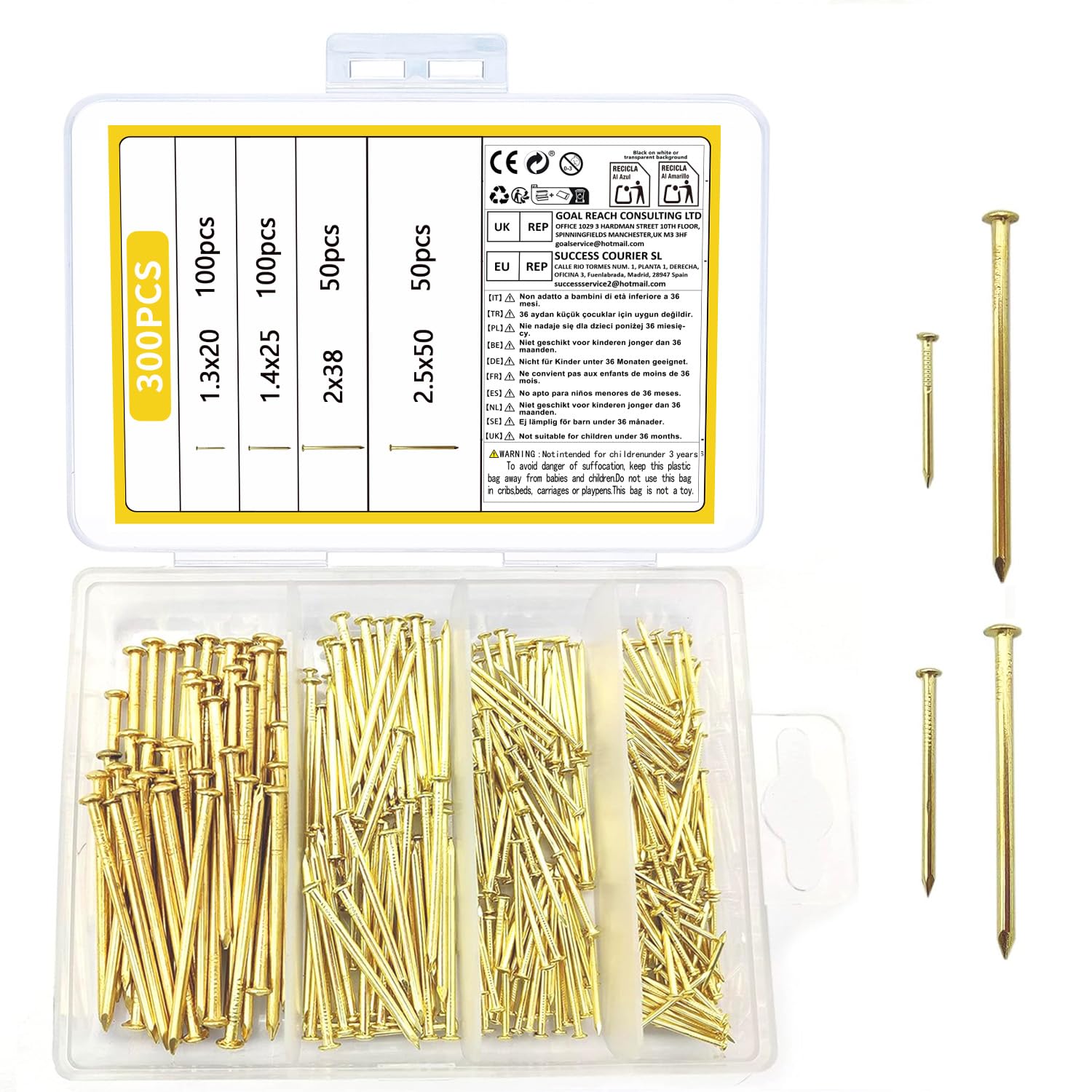 300 Pcs Brass Gold Nails and Pins Assortment, Steel Wall Pins Tacks Nails for Woodworking, Panel Pins for Hanging Picture, Frame, Mirror, Masonry, Furniture - 2 inch,1.5 inch, 0.75 inch, 1 inch