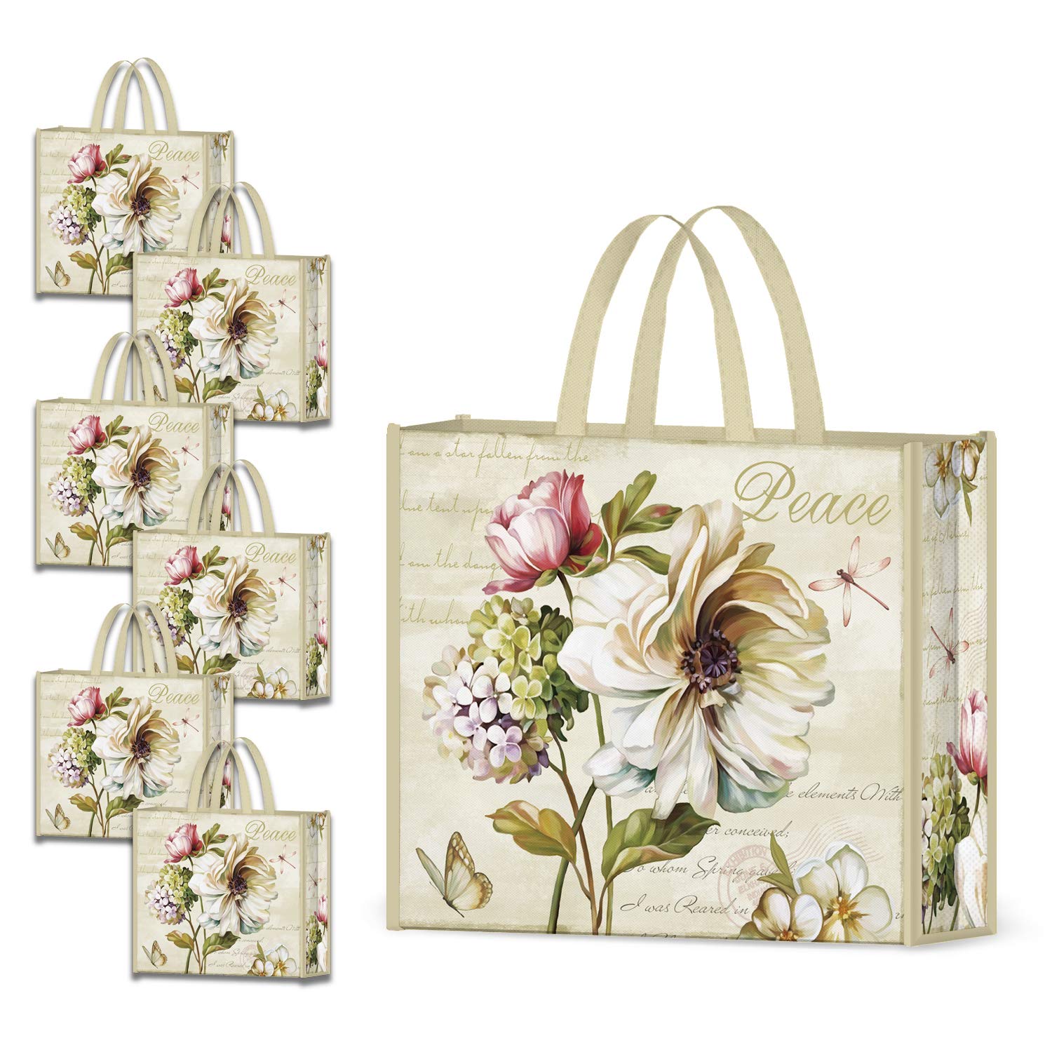 NymphFable 6 Pack Grocery Bags Reusable Peony Flowers Floral Butterfly Shopping Bags Washable Foldable Large Tote Bag