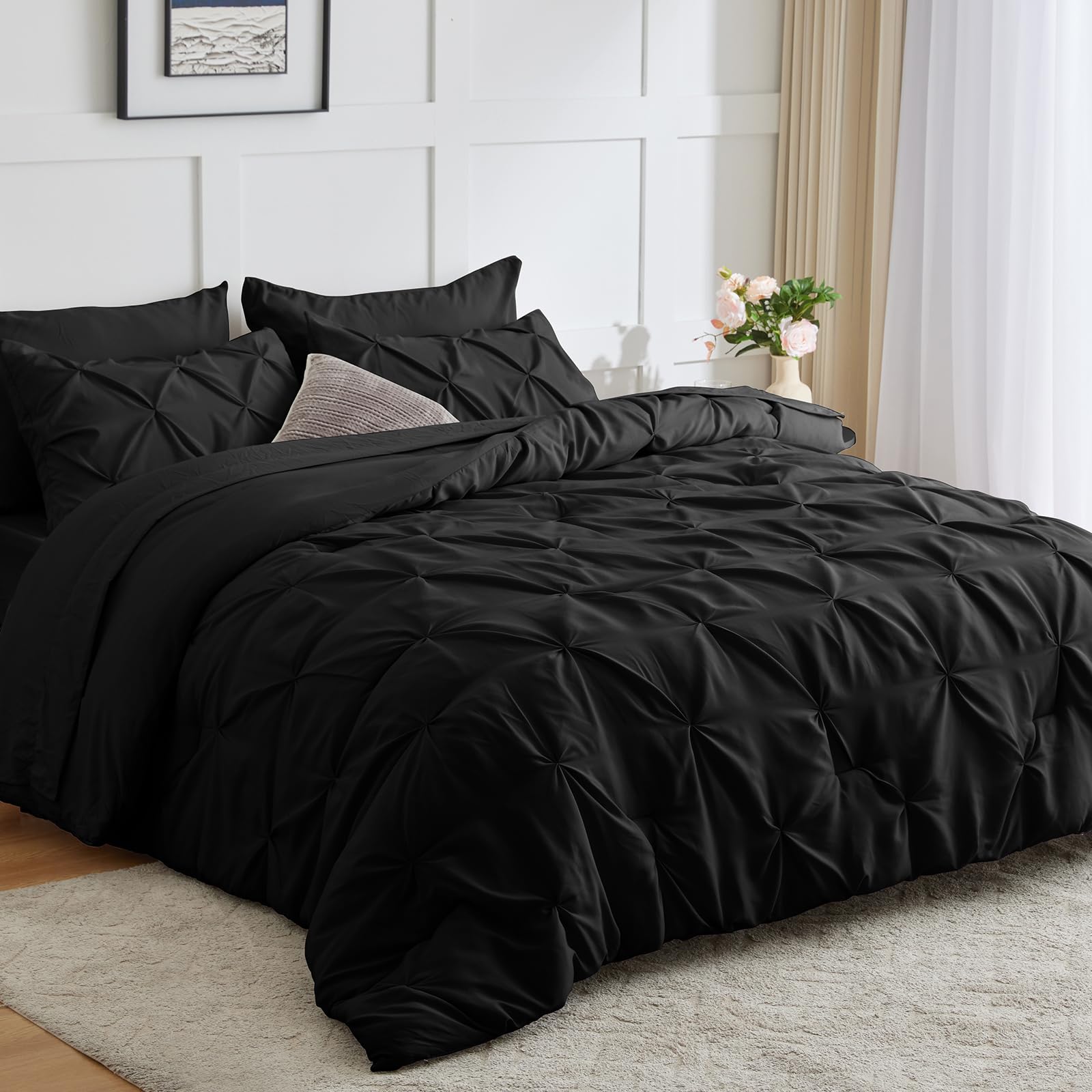 Photo 1 of HIMEET- Black Queen Comforter Set 7 Pieces Black Comforter(88"x88") Pinch Pleated Queen Bedding Pintuck Design Bed in a Bag Queen Size Bed Set Complete Soft Sets with Sheets,Pillowcases&Shams