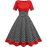 ODIZLI Women's 1950s Retro Dress Short Sleeve Boat Neck Polka Dot Swing Dress Elegant Cocktail Party Dresses