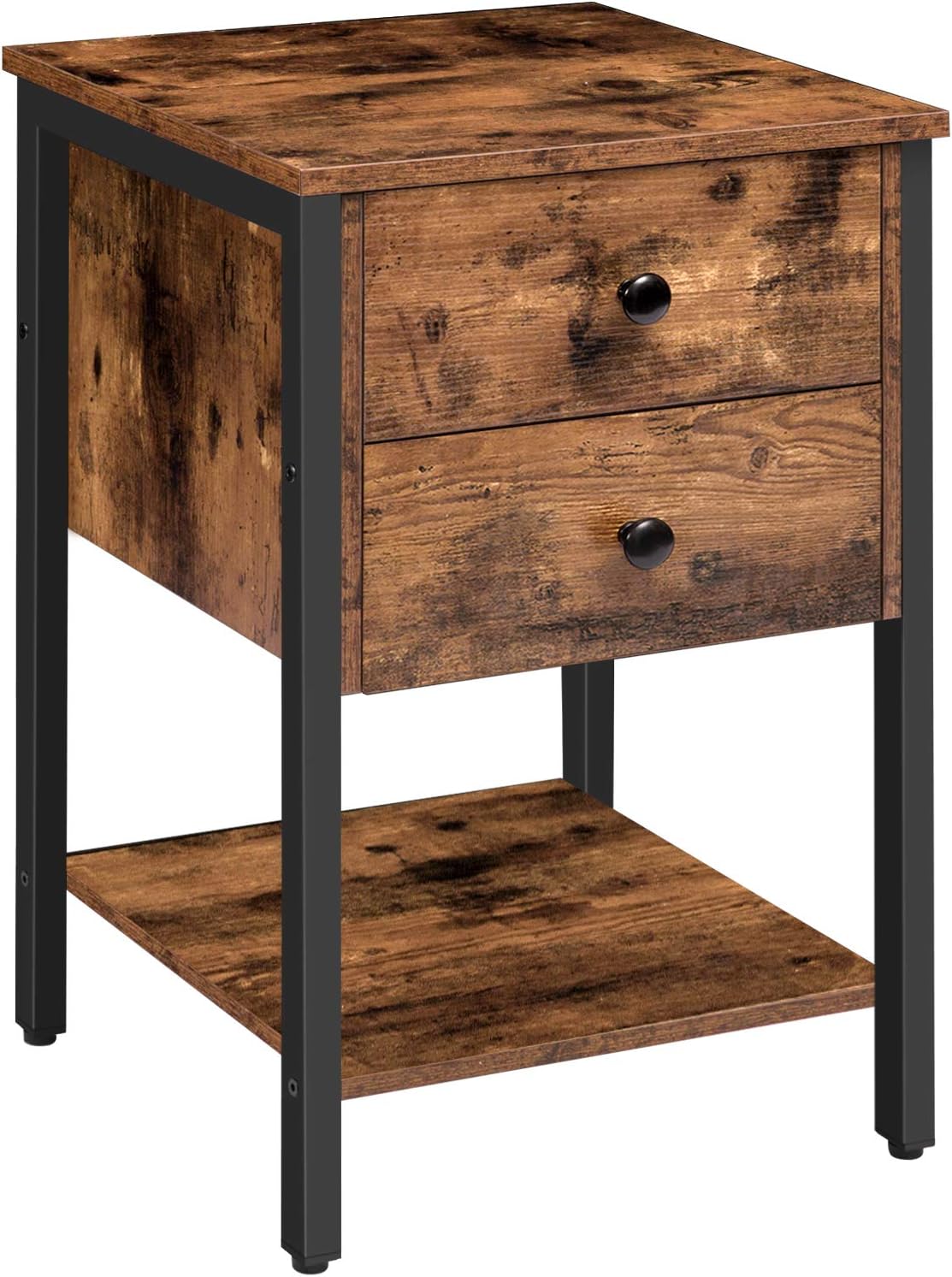 HOOBRO Nightstand with 2 Drawers and Open Shelf, Industrial Square End Table for Storage, Bedside Table in Living Room, Bedroom, Easy Assembly, Wooden Look with Metal Frame, Rustic Brown BF47BZ01: Home & Kitchen