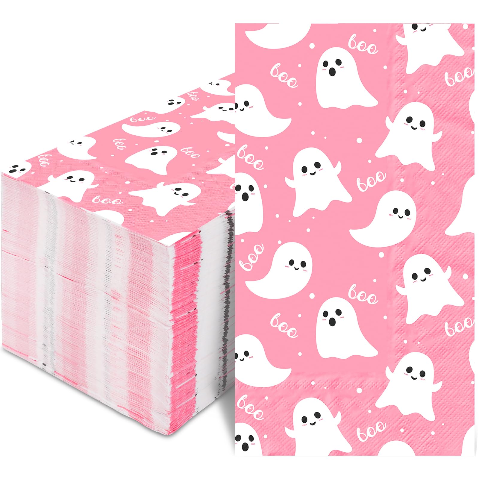 Photo 1 of 100Pcs Pink Ghost Boo Ghost Guest Napkins Halloween Cute Cartoon Disposable Dinner Hand Towel Paper Napkins for Happy Boo's Day Birthday Girls Baby Shower Party Table Supplies (100)