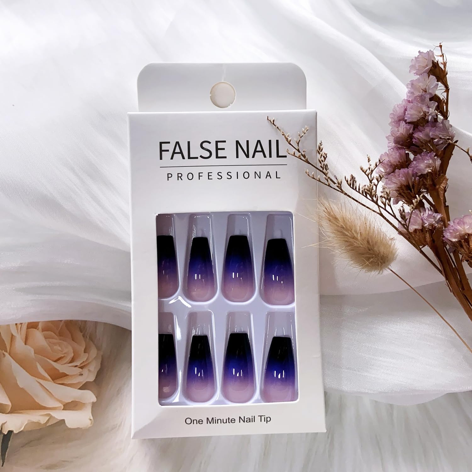 Long Press on Coffin Fake Nails - Purple and Black Gradient French Press on False Acrylic Nails - Full Cover Glossy Glue on Medium Reusable Artificial Stick on for Women Girls - Image 5