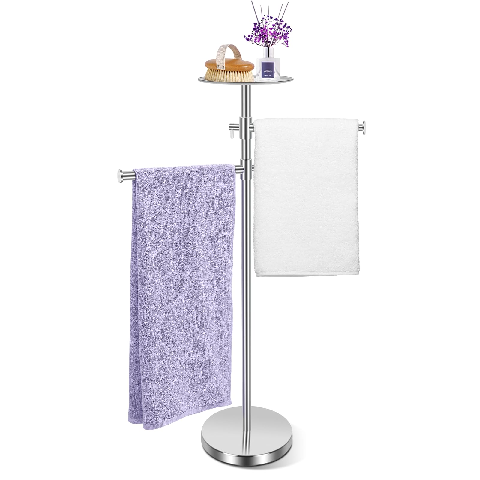 Alyvisun Bathroom Free Standing Towel Rail, Weighted-base Towel Rack with Tray and 2 Extendable Arms [Height Adjustable & 360° Rotatable], Stainless Steel Floor Standing Towel Drying Rack