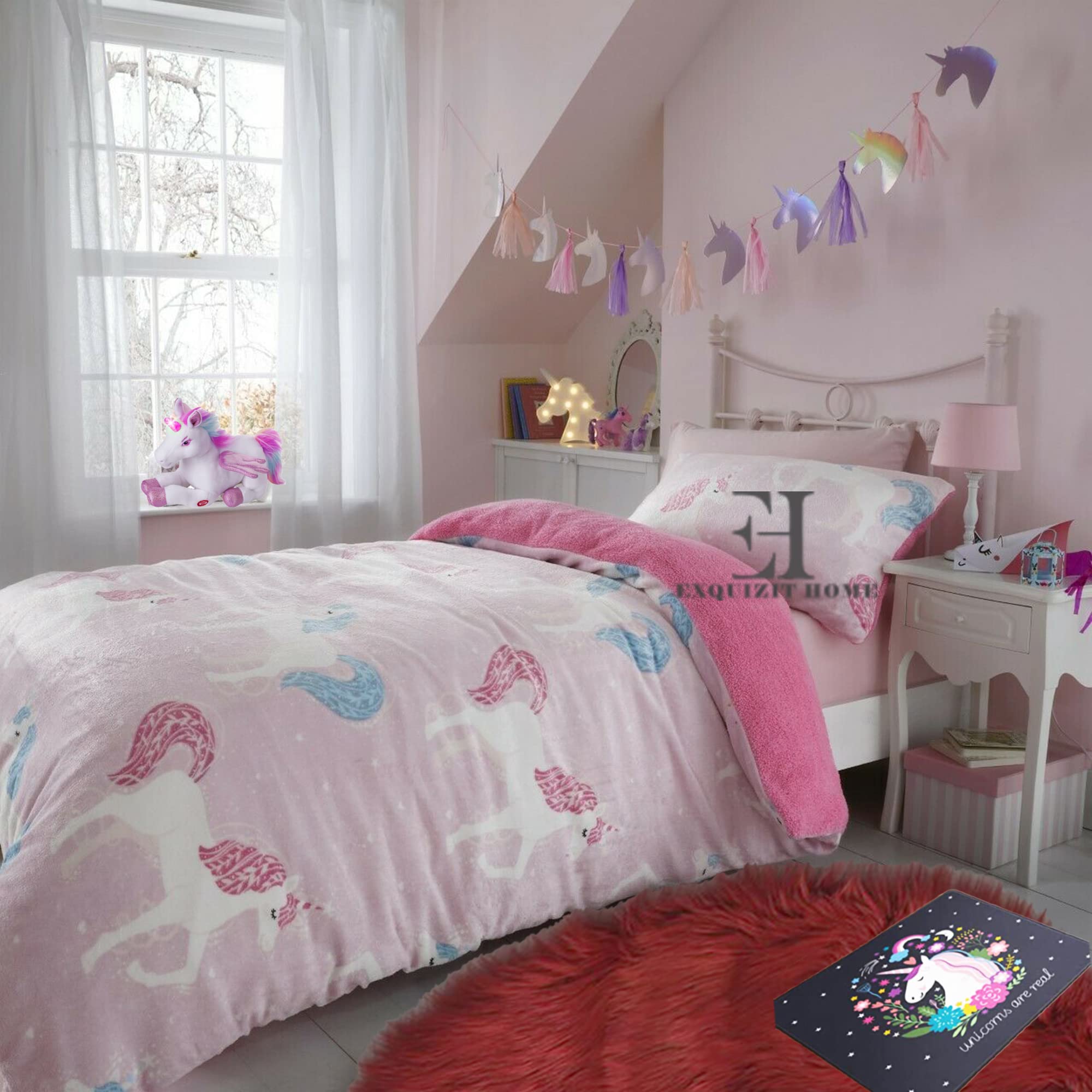 EXQUIZIT HOME® Teddy Bear Fleece Dinosaur Roar Duvet Quilt Cover Bedding Set with Matching Pillowcase – Warm Cosy Winter Kids Dino Bedding – (Unicorn Pink Single 135cm x 200cm Approximate)