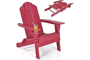 ORALNER Folding Adirondack Chair, Resin Chair with Drink Holder, HDPE Plastic Outdoor Lounger for Patio, Deck, Backyard, Porc