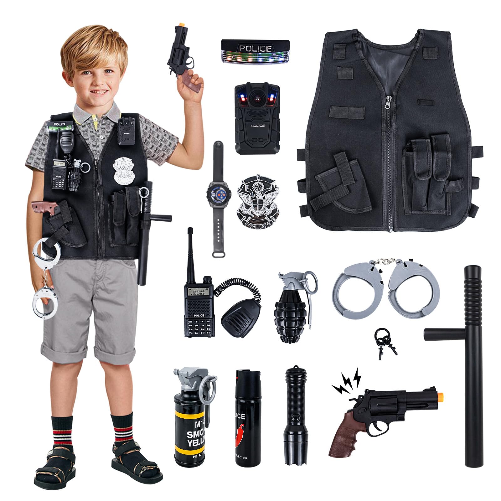 RedCrab Kids Police Costume Set, 14Pcs Pretend Play Police Officer Uniform with Vest, Walkie-talkie, Handcuffs, Dress Up Role Play Set for 3-12 Kid Toddlers Boys Girls