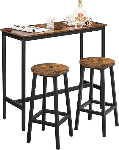 VASAGLE Dining Table Set Bar Table and Stools Industrial Rustic Brown Ink Black