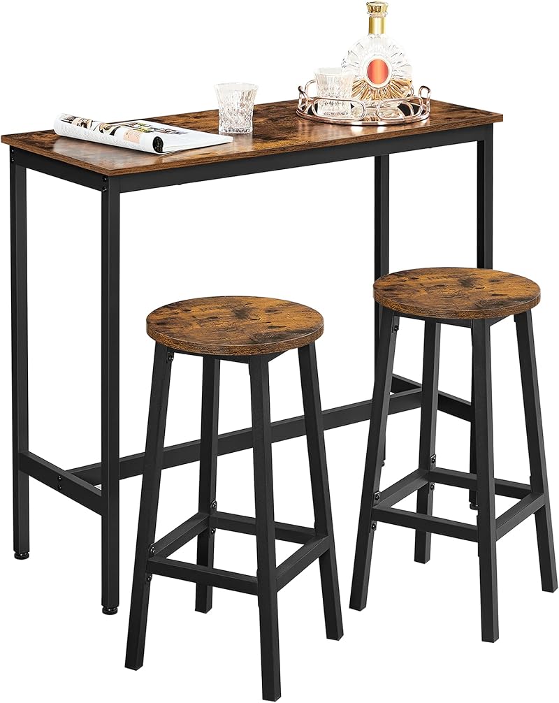 VASAGLE Dining Table Set Bar Table and Stools Industrial Rustic Brown Ink Black