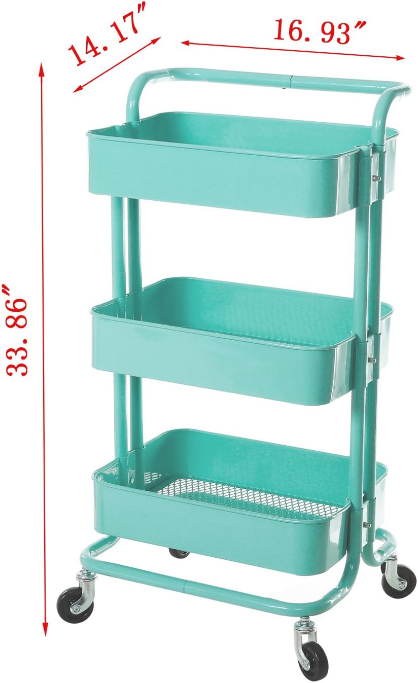HollyHOME 3-Tier Metal Utility Service Cart Rolling Storage Shelves with Handles, Blue Storage Utility Cart : Office Products