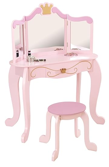 KidKraft 76123 Prinzessin Frisier-/Schminktisch & Hocker aus Holz in rosa für Kinder mit Spiegel - Kinderzimmer Möbel