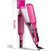 Terviiix 2 Inch Wide Flat Iron for Thick Curly Hair - Ceramic Hair Straightener Heats in 30s, 300°F-450°F Adjustable, Dual Voltage for Travel, Auto Shut Off, Pink