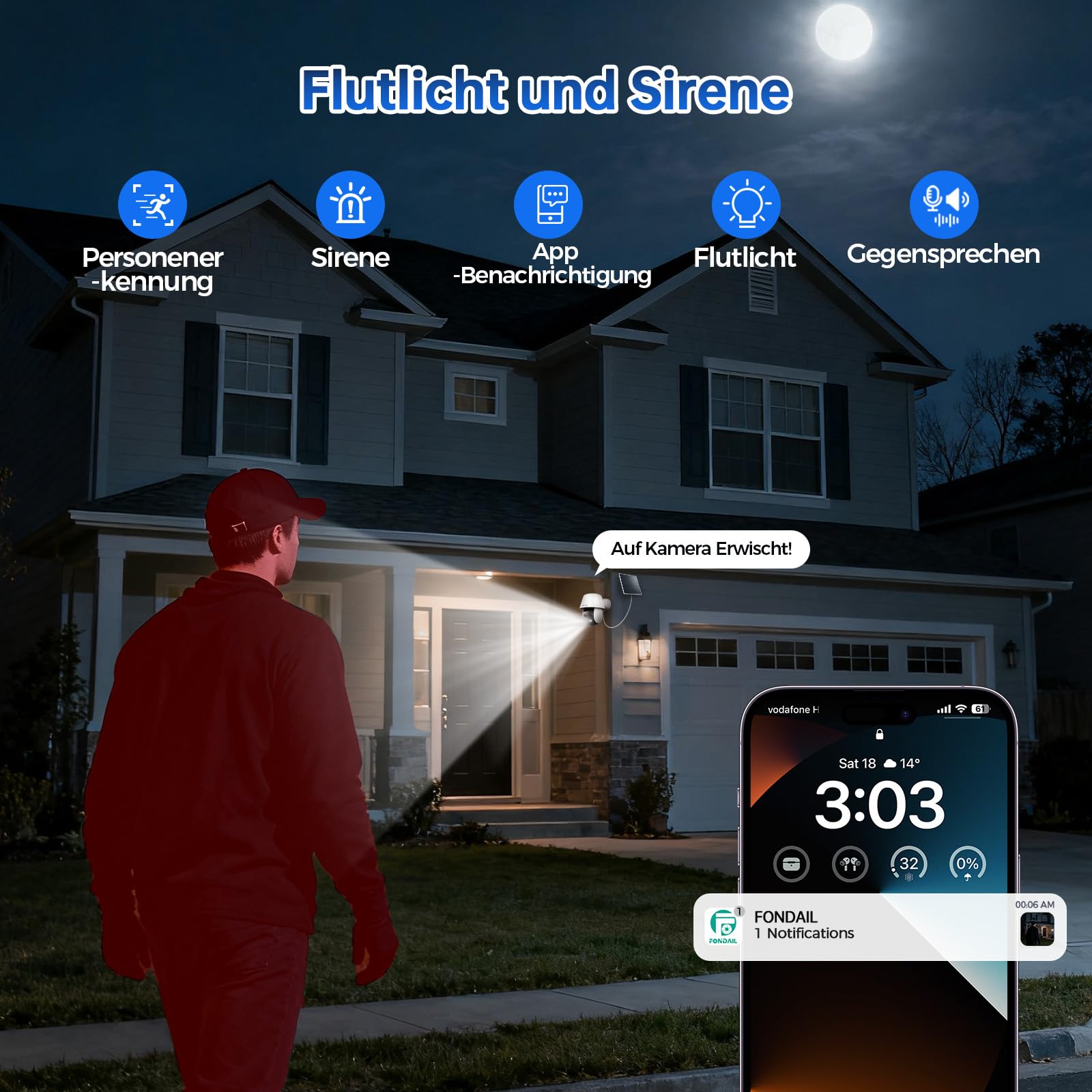 VISION WELL Solar Überwachungskamera Aussen, 2K 360° PTZ WLAN IP Kamera Kabellos, PIR Personenerkennung, Farbnachtsicht, Sirene & Lichtalarm, 2-Wege-Audio, IP65 Wetterfest, SD/Cloud 4