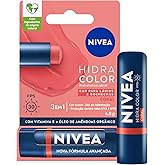 NIVEA Hidratante Labial Hidra Color 3 em 1 Coral 4,8g, Cor Intensa, Hidratação 24h, Proteção UVA/UVB, Lábios e Bochechas