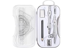 Vobou 10 Pieces Math Geometry Kit Set Student Supplies with Shatterproof Storage Box,Includes Rulers,Protractor,Compass,Eraser,Pencil Sharpener,Lead Refills,Pencil,for School and Drawings（Grey）