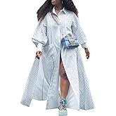 Women's Oversized Long-Sleeve Shirt Dress, Light Blue Grid Print Maxi Length with Side Slits & Pockets