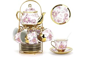 20 Pcs Porcelain Tea Set with Metal Holder,European Ceramic Tea Party Set for Adults,700ml Teapot,Beautiful Tea Cup Gift Sets