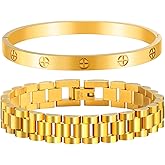 ISELBDR 2PCS 18K Gold Chain Link Bracelets for Women - Stackable Love & Friendship Theme Bangle Bracelet Set,Non-Tarnish Stainless Steel Jewelry with Adjustable Tool.