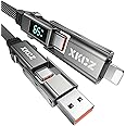 XKCZ 4 in 1 USB C Cable with Wattage Display, 65W Flat Nylon Braided Multi Charge Cable with Data Sync, USB C Charging Cord Combo Type C/USB A/L Port for iPhone/iPad/Samsung/Laptop, 5FT