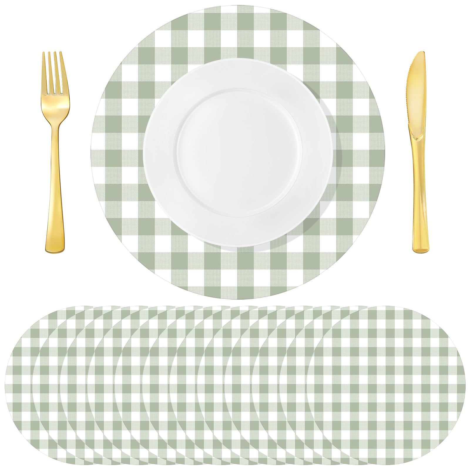 Photo 1 of Funnymoom 60 Pcs Green and White Gingham Disposable Paper Placemats Round Table Place Mat Summer Checkered Decorative Paper for Baby Shower Wedding Birthday Party Dinner Table Decor