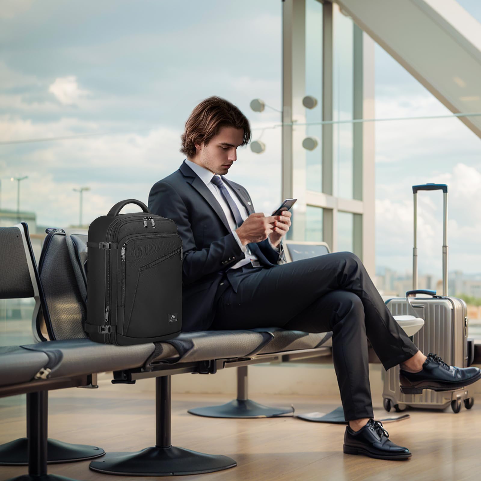 MATEIN Ryanair Handgepack 40x20x25, Rucksack Handgepäck Flugzeug 20L Herren, Ryanair Rucksack 40x20x25, Erweiterbar Daypack Reiserucksack Flugzeug, Cabin Bag für Weekender Reise, Schwarz 7