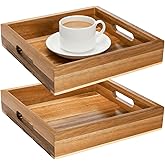 YOUEON Set of 2 Acacia Wood Serving Tray with Handles, 10x10x2 Inch Decorative Serving Trays for Food, Ottoman Tray, Square Coffee Table Trays for Dinner, Coffee, Wine, Appetizer