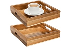 YOUEON Set of 2 Acacia Wood Serving Tray with Handles, 10x10x2 Inch Decorative Ottoman Tray, Square Coffee Table Trays for Br