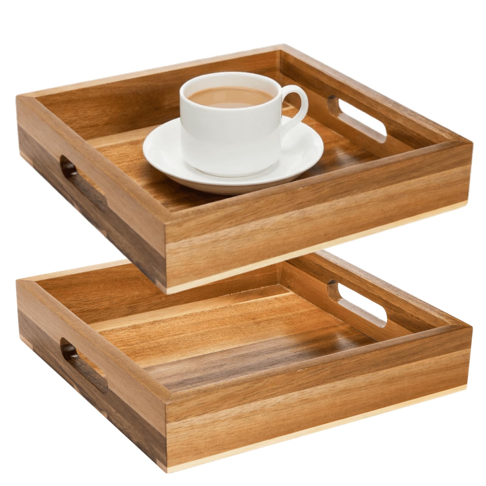 YOUEON Set of 2 Acacia Wood Serving Tray with Handles, 25x25x5cm Decorative Ottoman Tray, Square Coffee Table Trays for Breakfast, Coffee, Wine, Appetizer，Natural Color