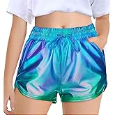 Haloumoning Girls Metallic Shorts Sparkly Dance Outfits Elastic Drawstring Shiny Hot Short Pants 5-14 Years