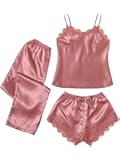 SOLY HUX Women's Sleepwear Lace Trim Satin Cami Pajama Set with Pants