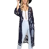 FaroDor Women's Long Flowy Lace Crochet Kimono Cardigan Boho Style Summer Beach Cover Ups Navy Blue
